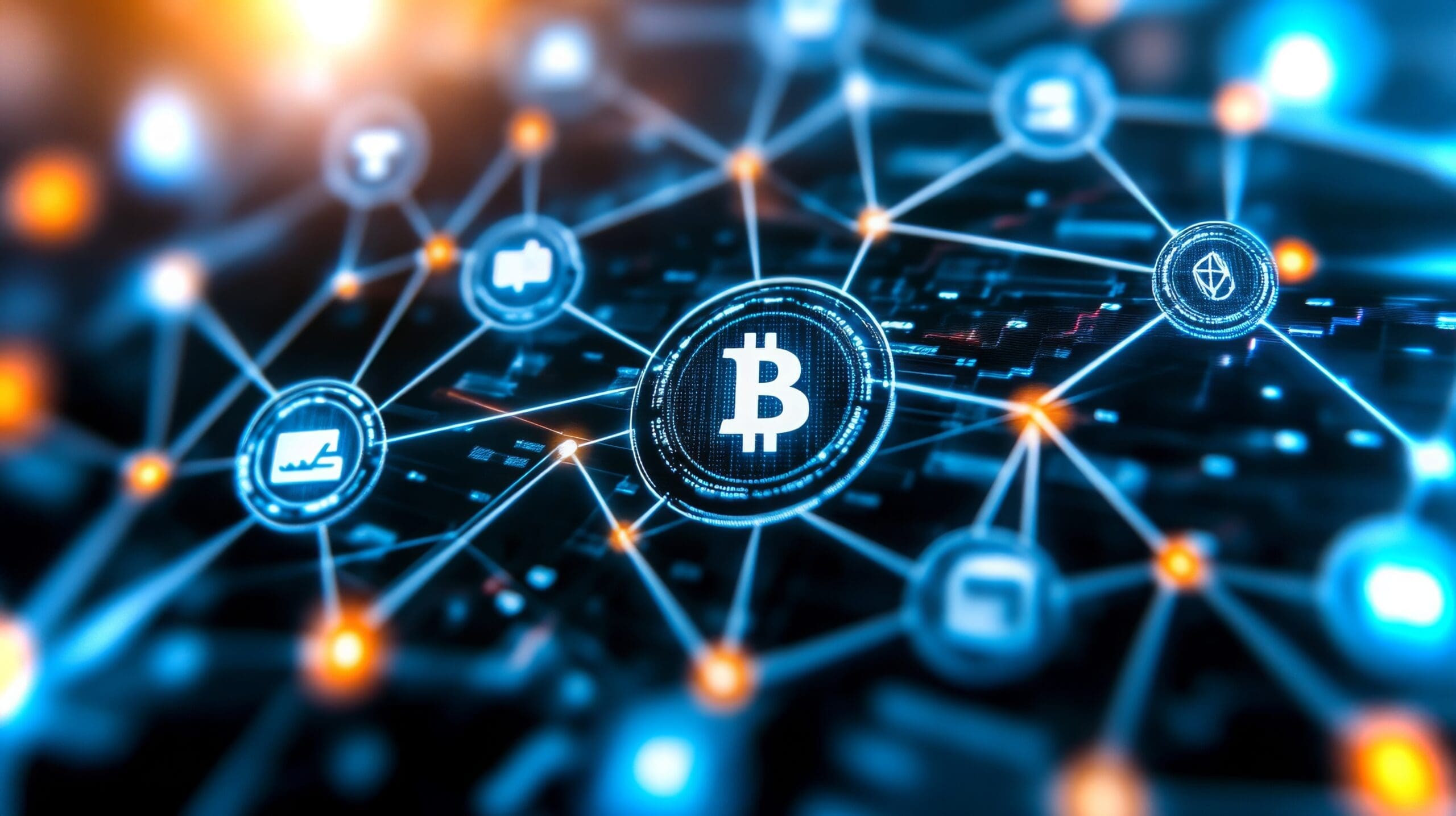 Visual representation of blockchain technology with interconnected data nodes and bitcoin symbol Decentralization of Bitcoin